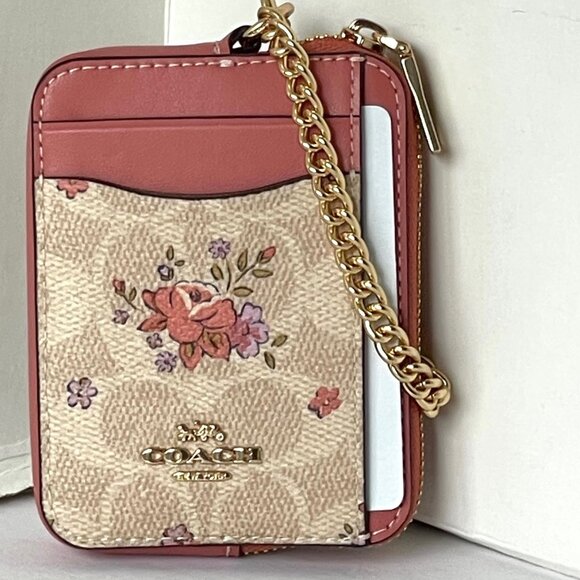 Coach Pink Floral Zip Card Case CAU45 ID Wallet Beige Leather Chain Strap ORGPKG - Picture 7 of 7